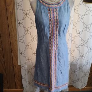 Talbots Linen Blue Chambray Mini Dress with Rainbow Trim